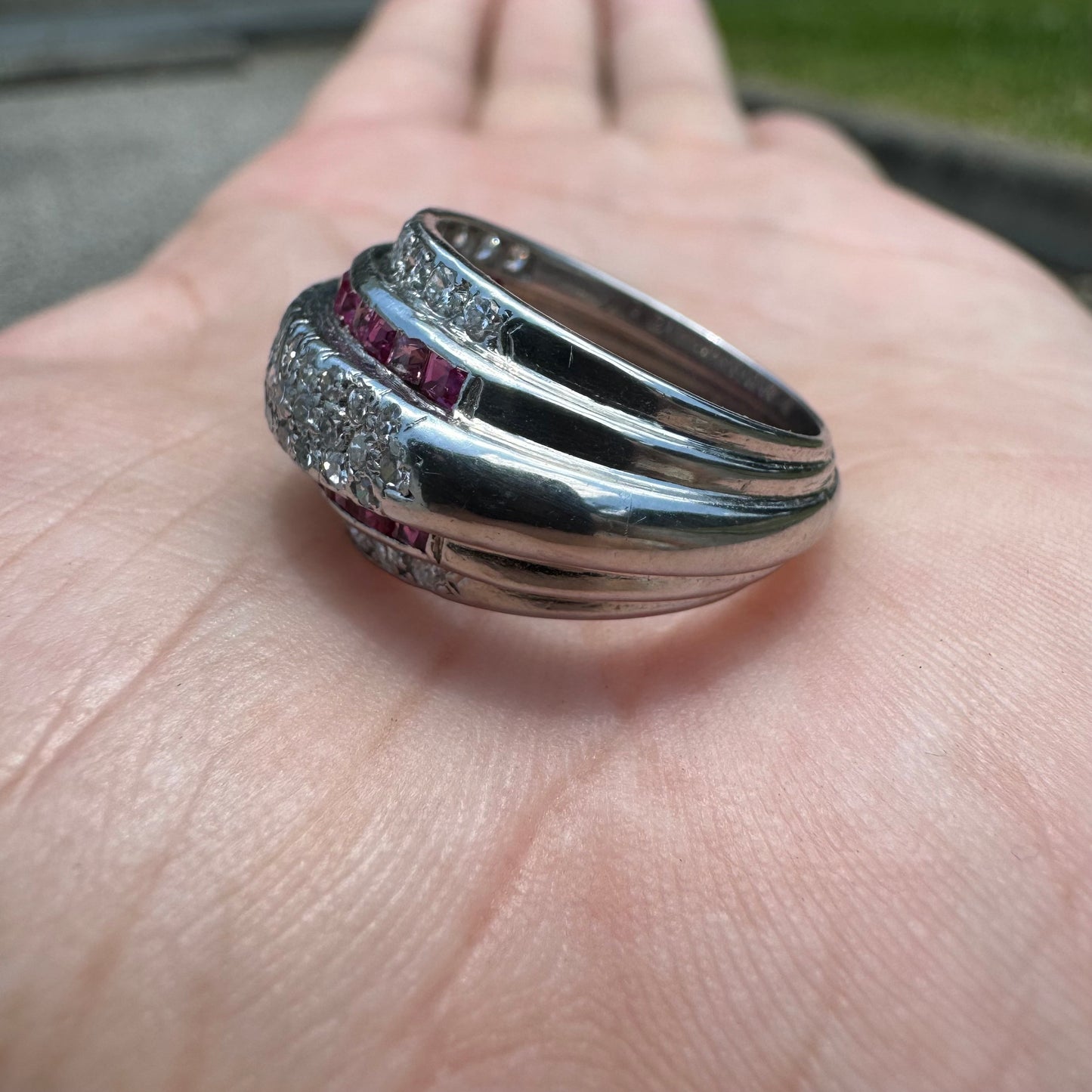 1940’s Retro Era Handcrafted 18k White Gold .73ctw Natural VS Quality Diamond And Princess Cut Ruby Flooded Step Up Ring (5.75)