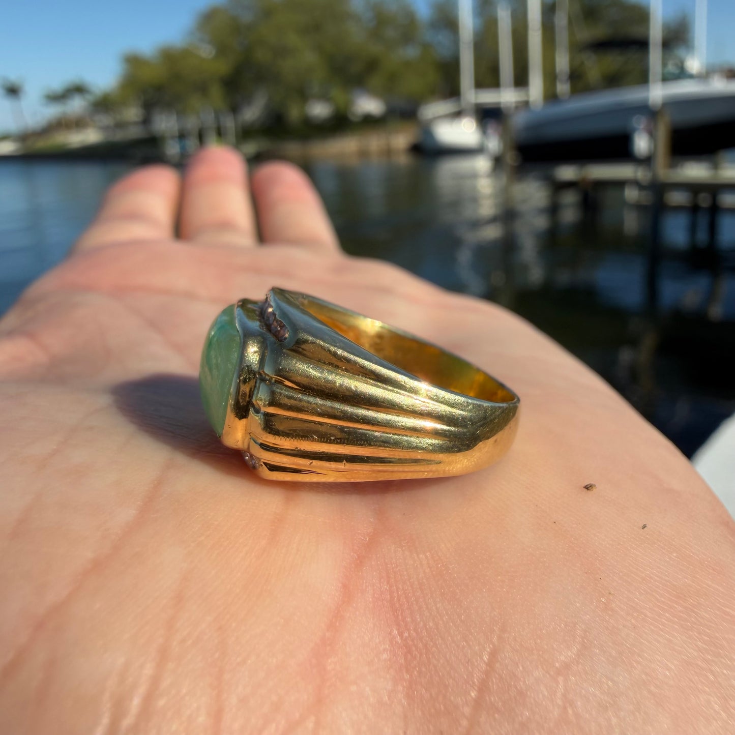 Vintage Solid 18k Yellow Gold Jade And Diamond Ring (7)