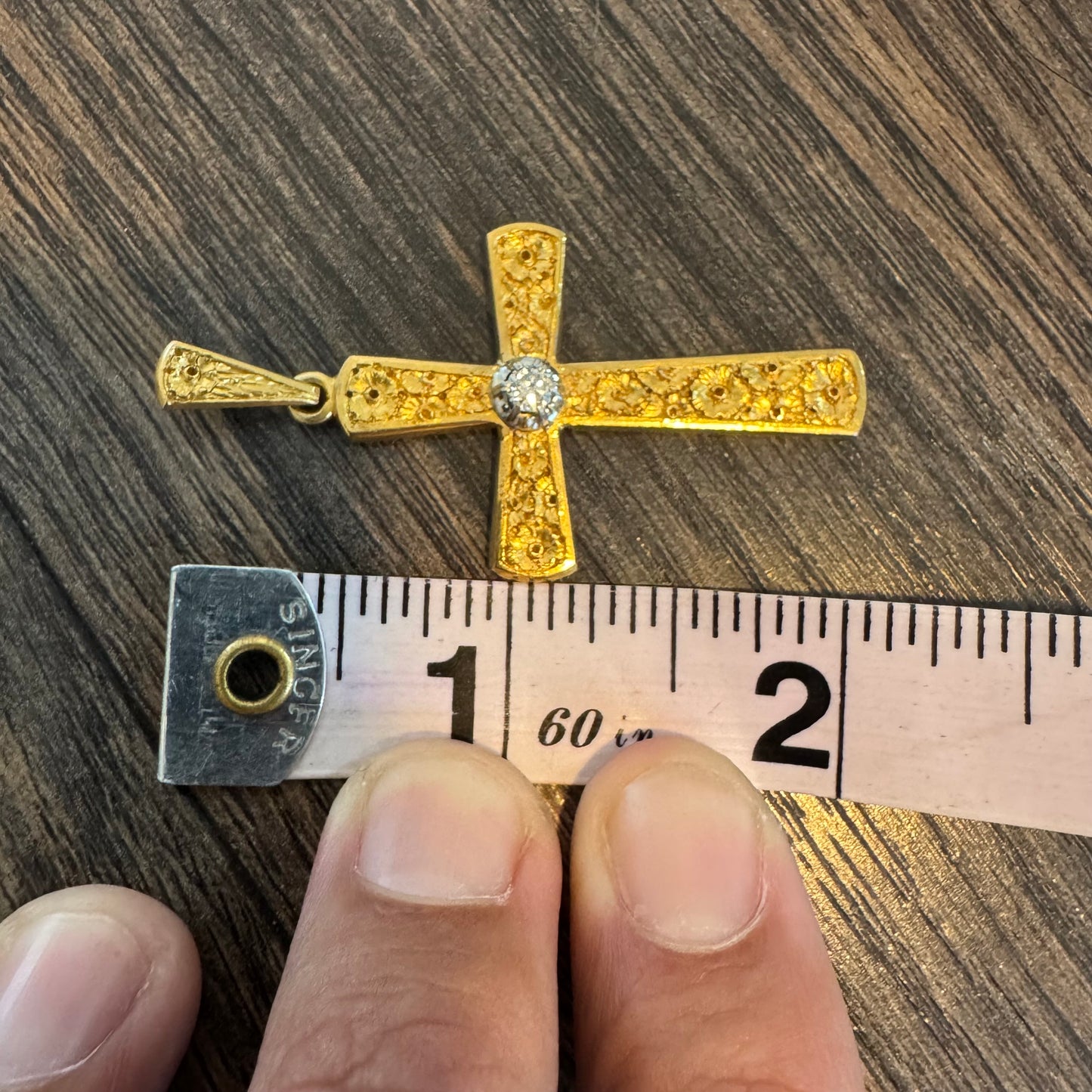 Art Deco Solid 18k Yellow Gold .25ct Natural Diamond Solitaire Hand Engraved Floral Cross