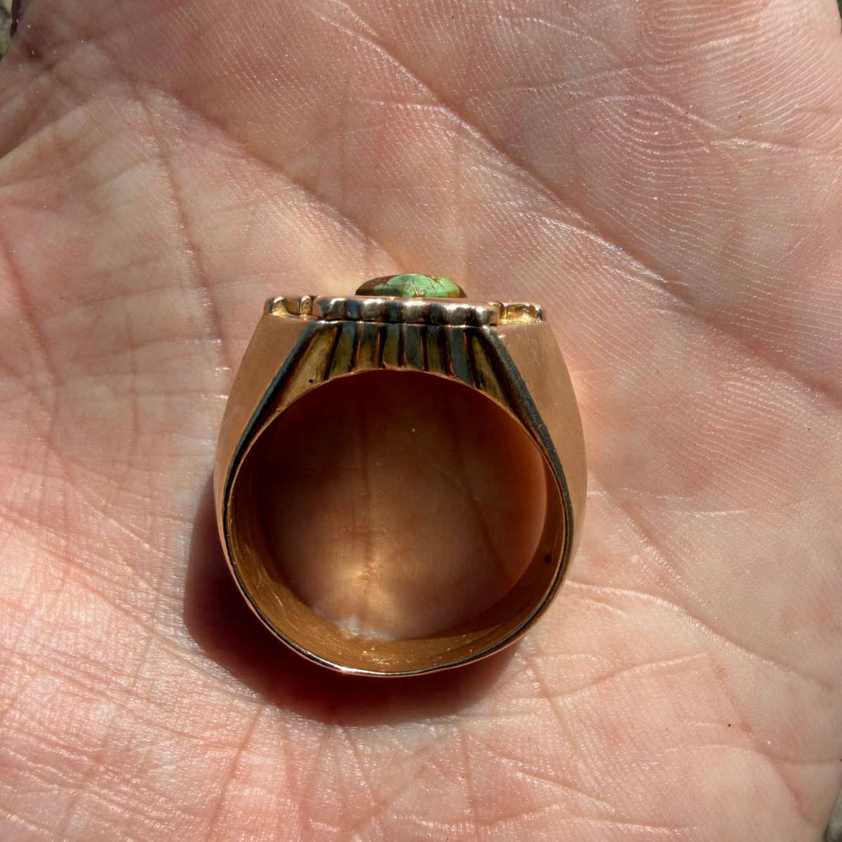 Mid-Century Solid 14k Yellow Gold Heavyweight Turquoise Thunderbird Signet Ring (11.5)