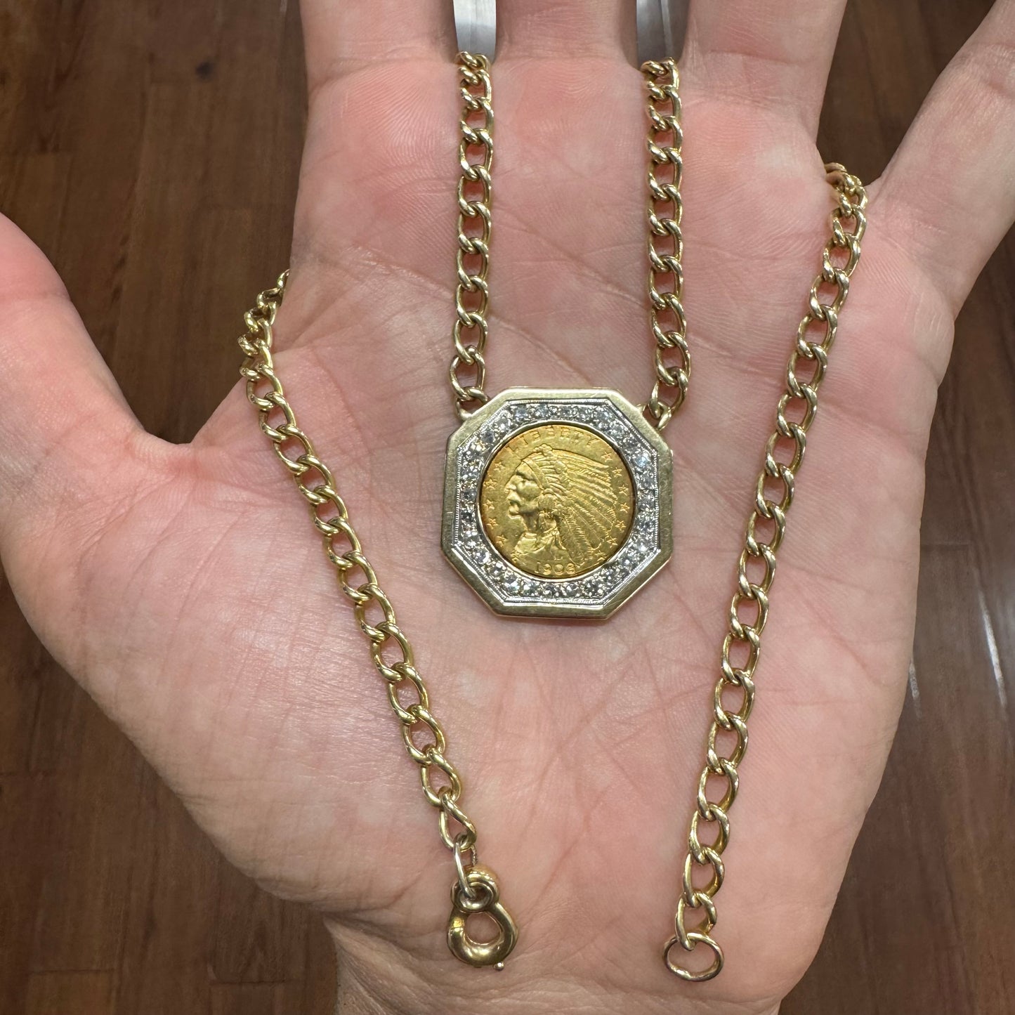 1908 $2.5 Gold Indian Head Coin Natural Diamond Curb Link Necklace (16”)