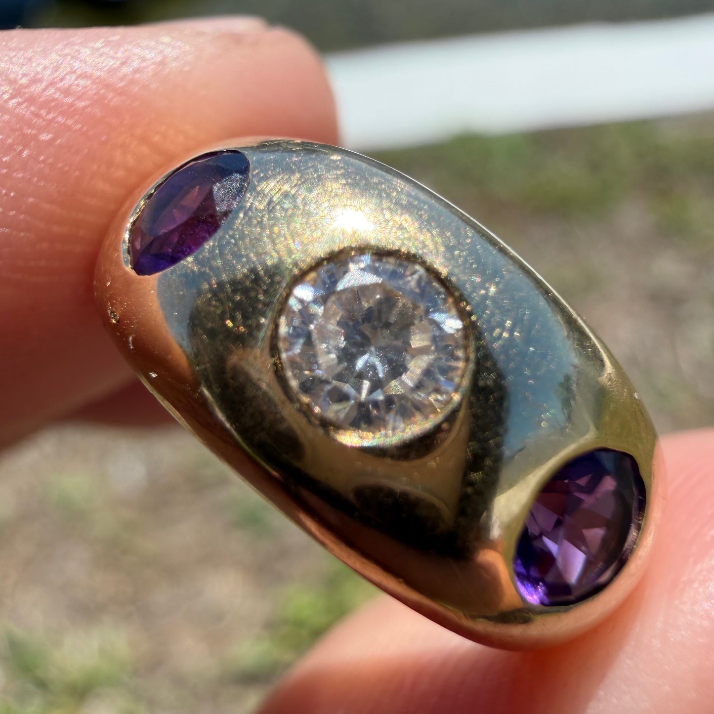 Art Deco Solid 14k Yellow Gold .75ctw Natural Old Euro Cut Diamond & Amethyst Trilogy Gypsy Ring (4.25)