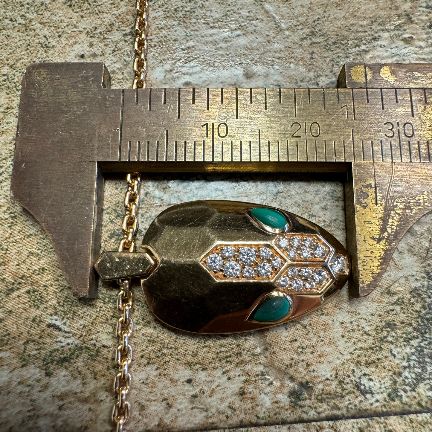 Bvlgari 18k Gold VVS Diamond And Malachite “Serpenti” Necklace (17.5”) With 14k Interlocking Double Chain Link (21”)