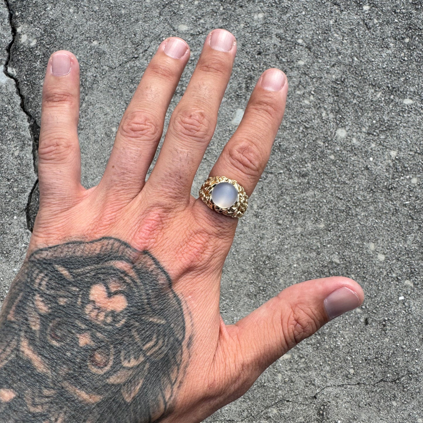 1970’s Solid 14k Yellow Gold Heavyweight Brutalist Moonstone Ring (9)