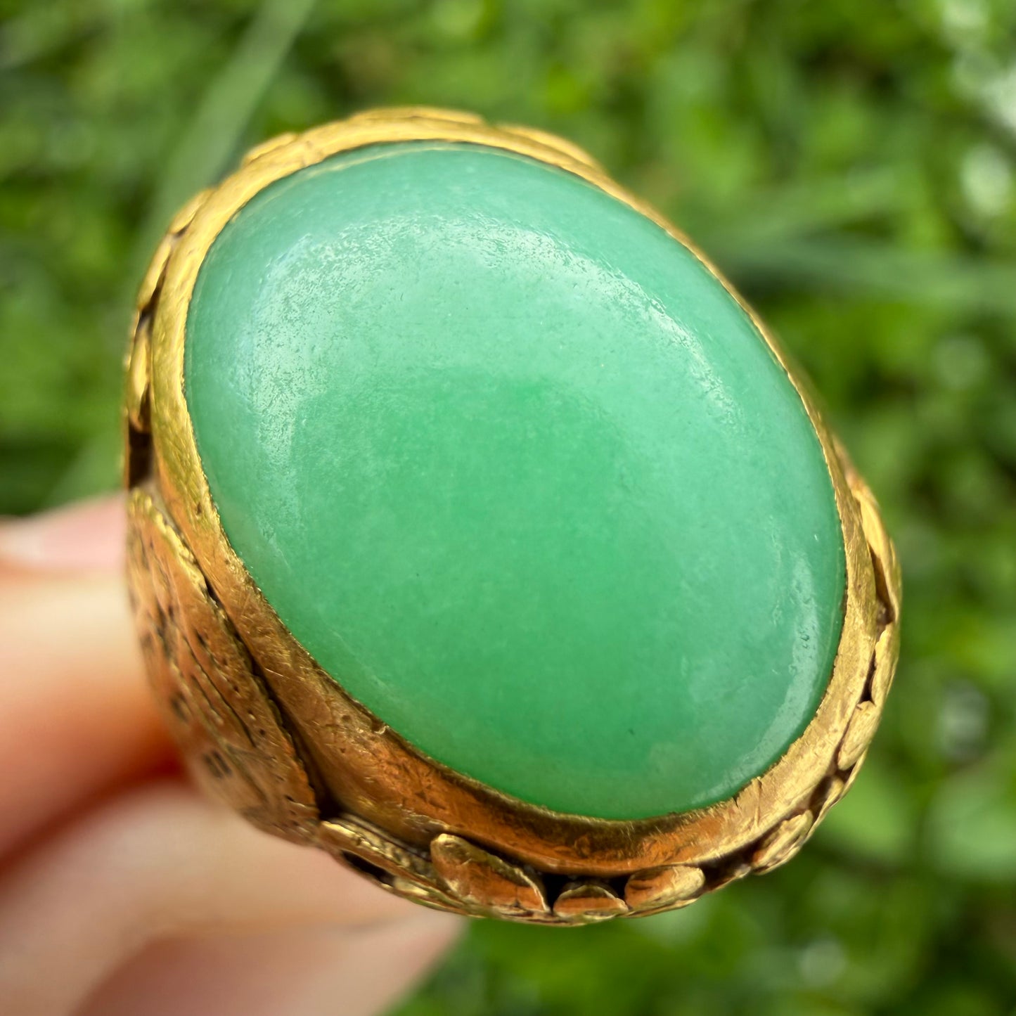 Antique Chinese Traditional 24k Yellow Gold 5.0ct Green Apple Jadeite Fu Ring (10.25)