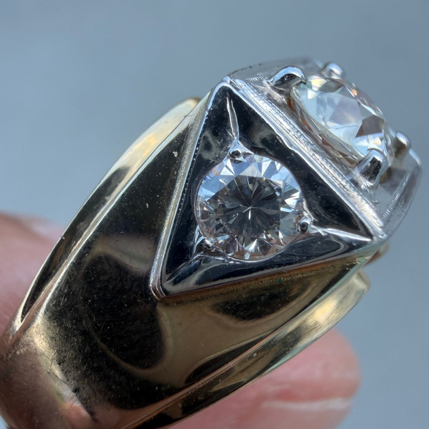 Art Deco Solid 14k Yellow Gold 1.7ctw Natural Old Euro Cut Diamond Trilogy Ring (14)