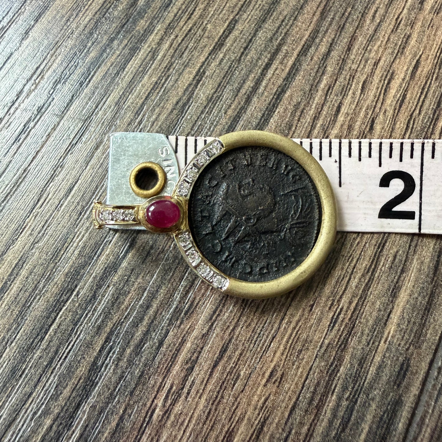 Vintage 14k Yellow Gold Natural Diamond and Ruby Ancient 275-276A.D Tacitus Roman Coin Pendant