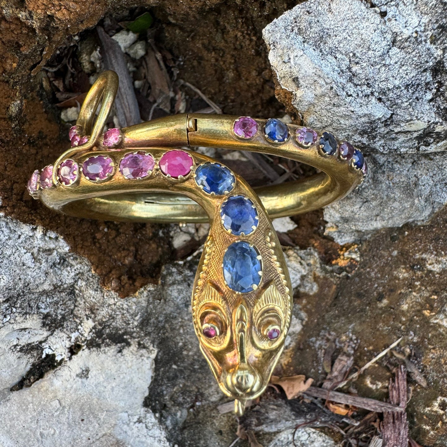 Mid 1800’s 15k Yellow Gold Blue And Pink Sapphire Encrusted Snake Bracelet (6”-7”)