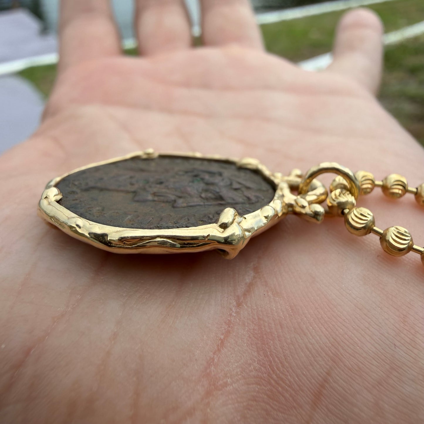 Vintage Solid 14k Yellow Gold Ancient 156-158A.D Antoninus Pius Roman Coin Brutalist Pendant