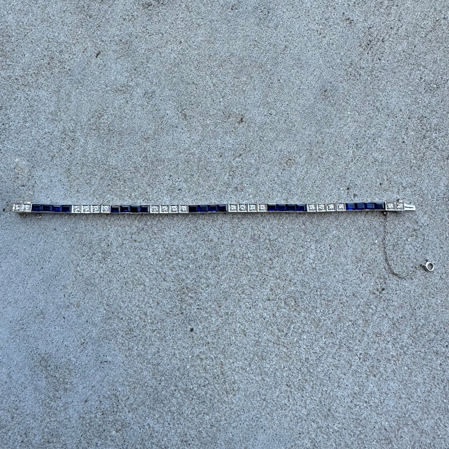 Art Deco 14k White Gold 5.0ctw French Cut Sapphire 1.5ctw Natural VS Diamond Tennis Bracelet (7.5”)