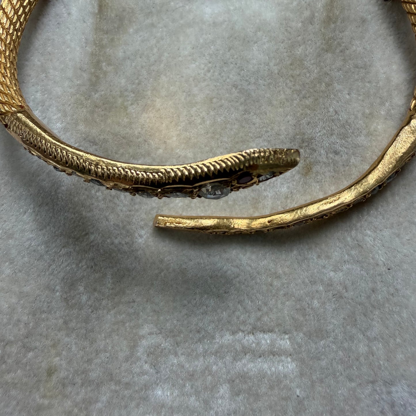 Antique Egyptian Solid 22.5k Yellow Gold Natural Rose Cut Diamond And Ruby Snake Bangle Bracelet (6.5”-8”)