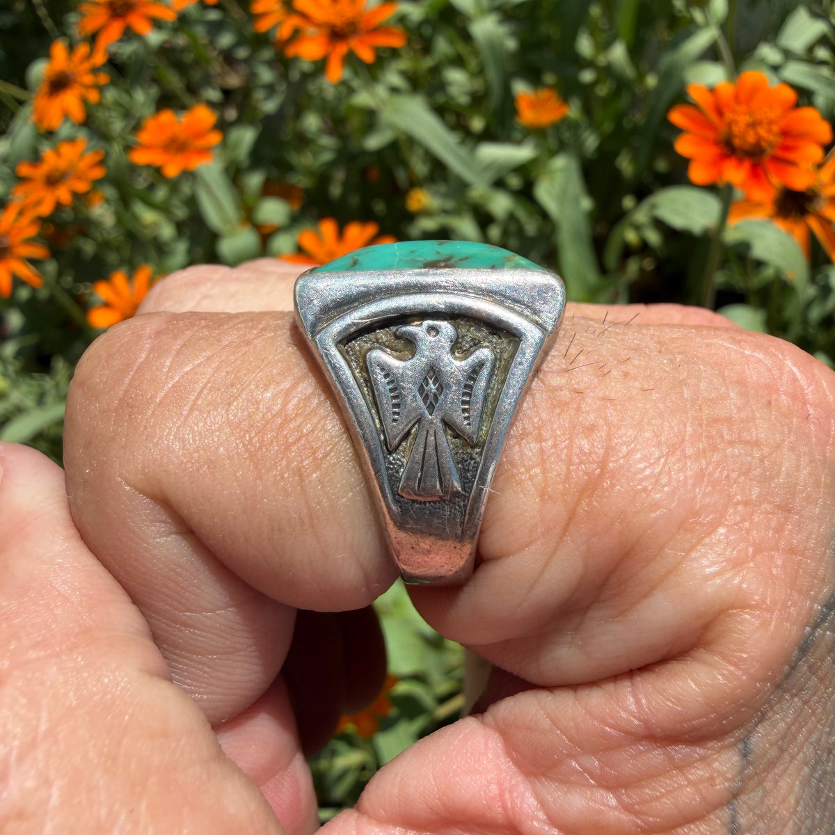 1940’s/50’s Bell Trading Post Sterling Silver Large Turquoise Thunderbird Signet Ring (10.25)