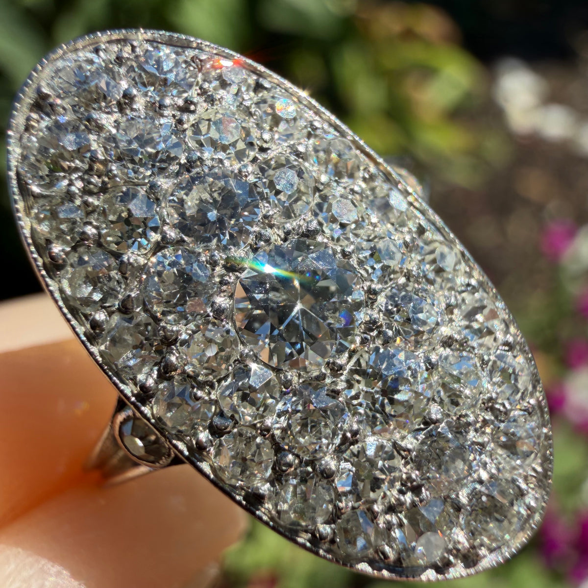Victorian Solid Platinum 2.25ctw Natural Old Mine Cut Diamond Cluster Oval Navette Ring (7.5)