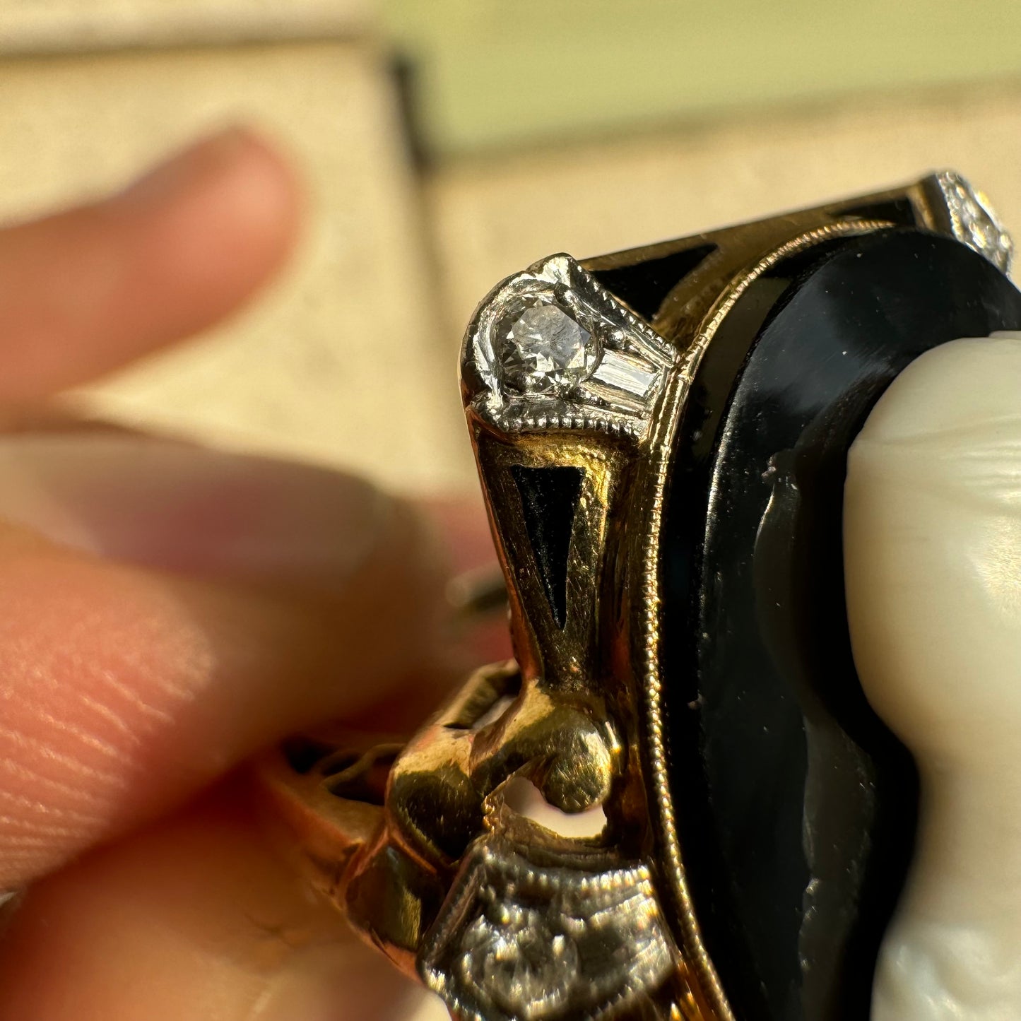 Art Deco 14k Yellow Gold And Platinum .25ctw Natural Diamond Athena (Goddess Of War) Cameo Ring (6.75)