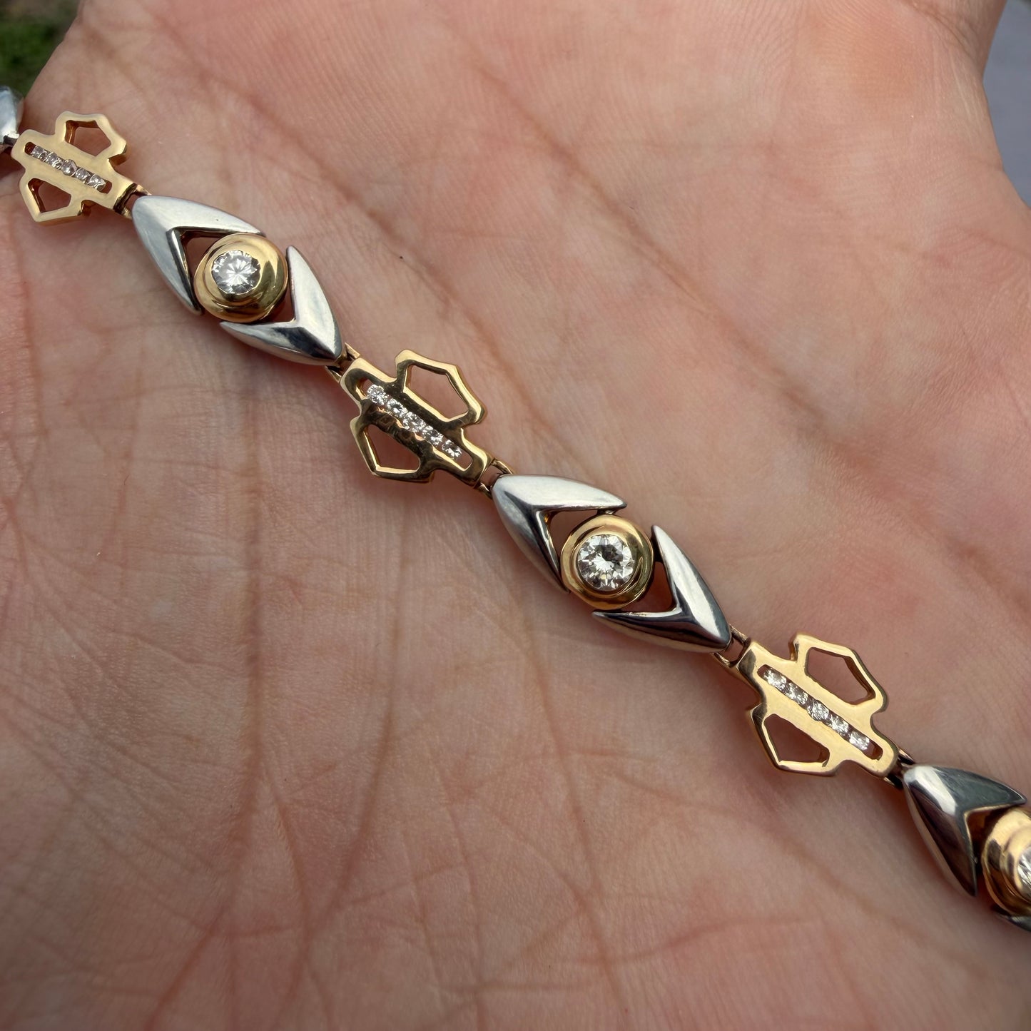 Vintage Solid 14k Yellow Gold .950 Platinum 1.25ctw Natural Diamond Harley-Davidson Bracelet (7”)