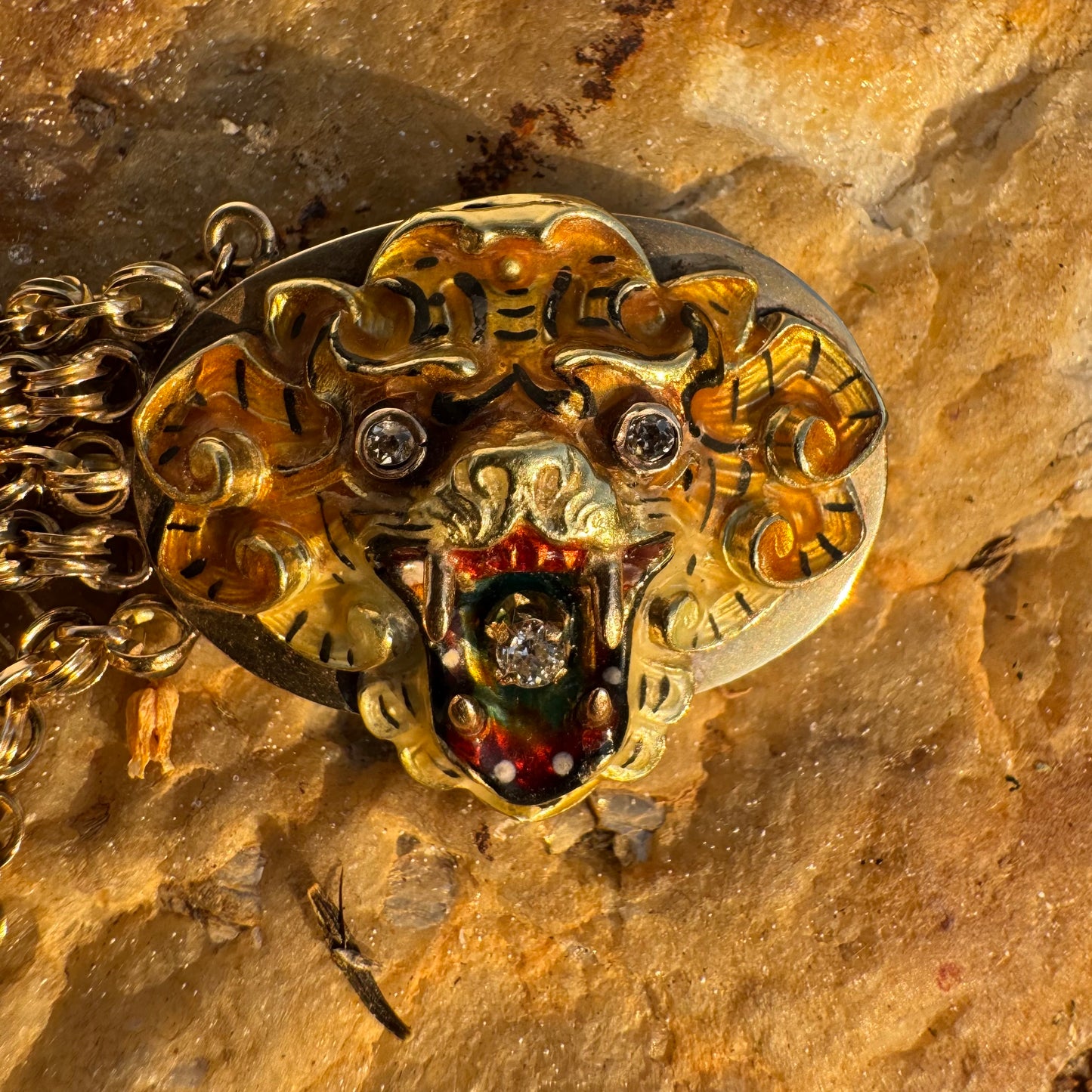 Art Nouveau Solid 14k Yellow Gold Natural Old Mine Cut Diamond Enameled Tiger Bracelet (6.25”)