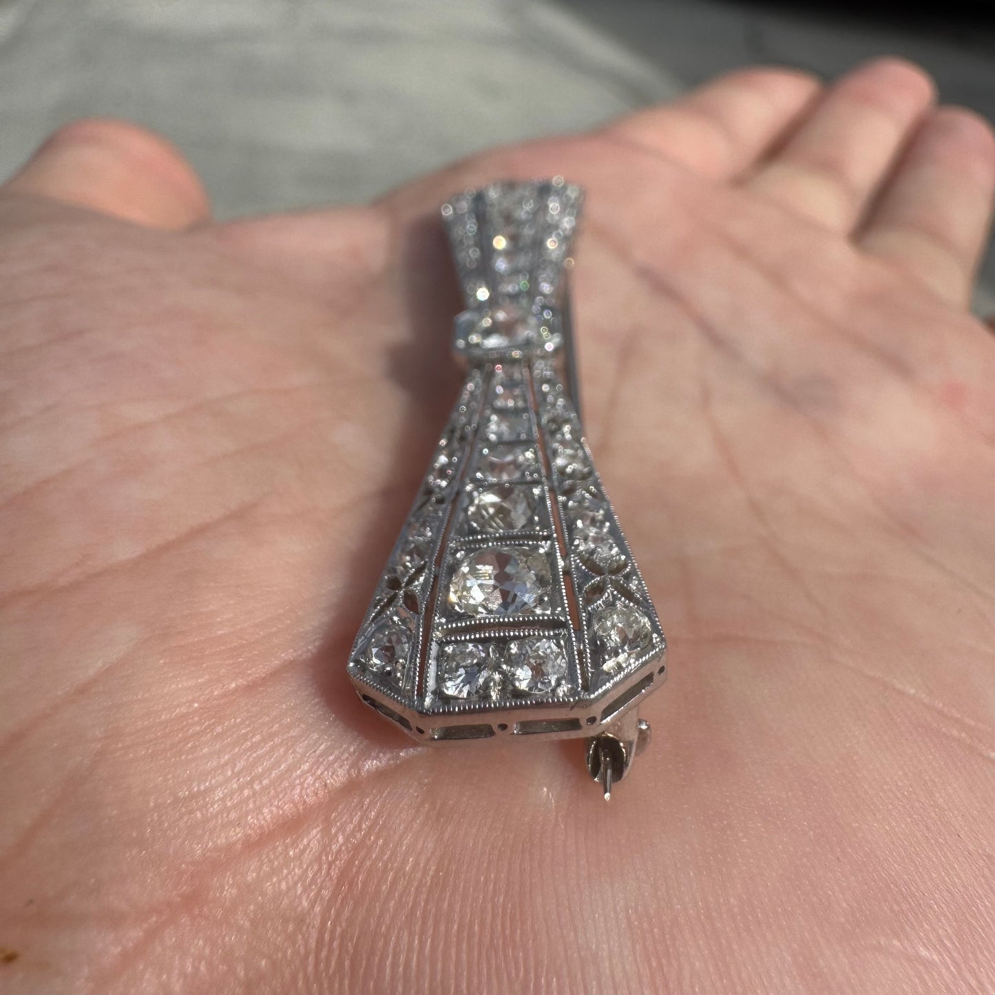 Victorian Solid Platinum 4.25ctw Natural Old Mine Cut Diamond Brooch