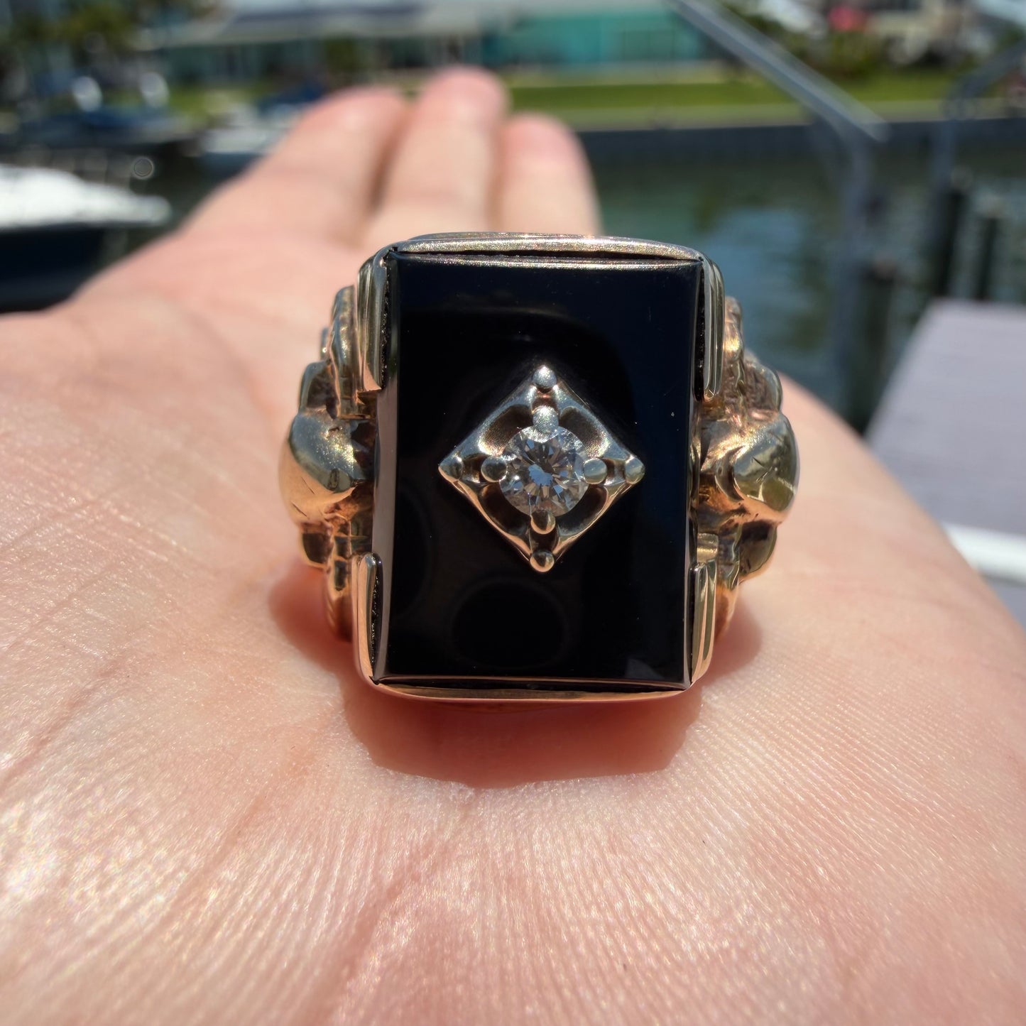 1940’s Solid 10k Yellow Gold Black Onyx Natural Diamond Solitaire Double Snake Signet Ring (9)