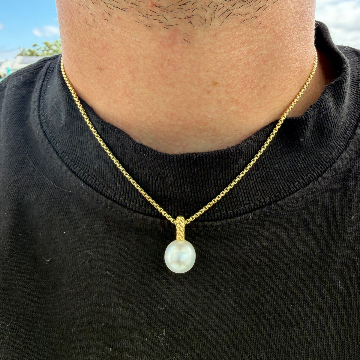David Yurman Solid 18k Yellow Gold Box Chain Necklace Large Freshwater Pearl Pendant Set (16”)
