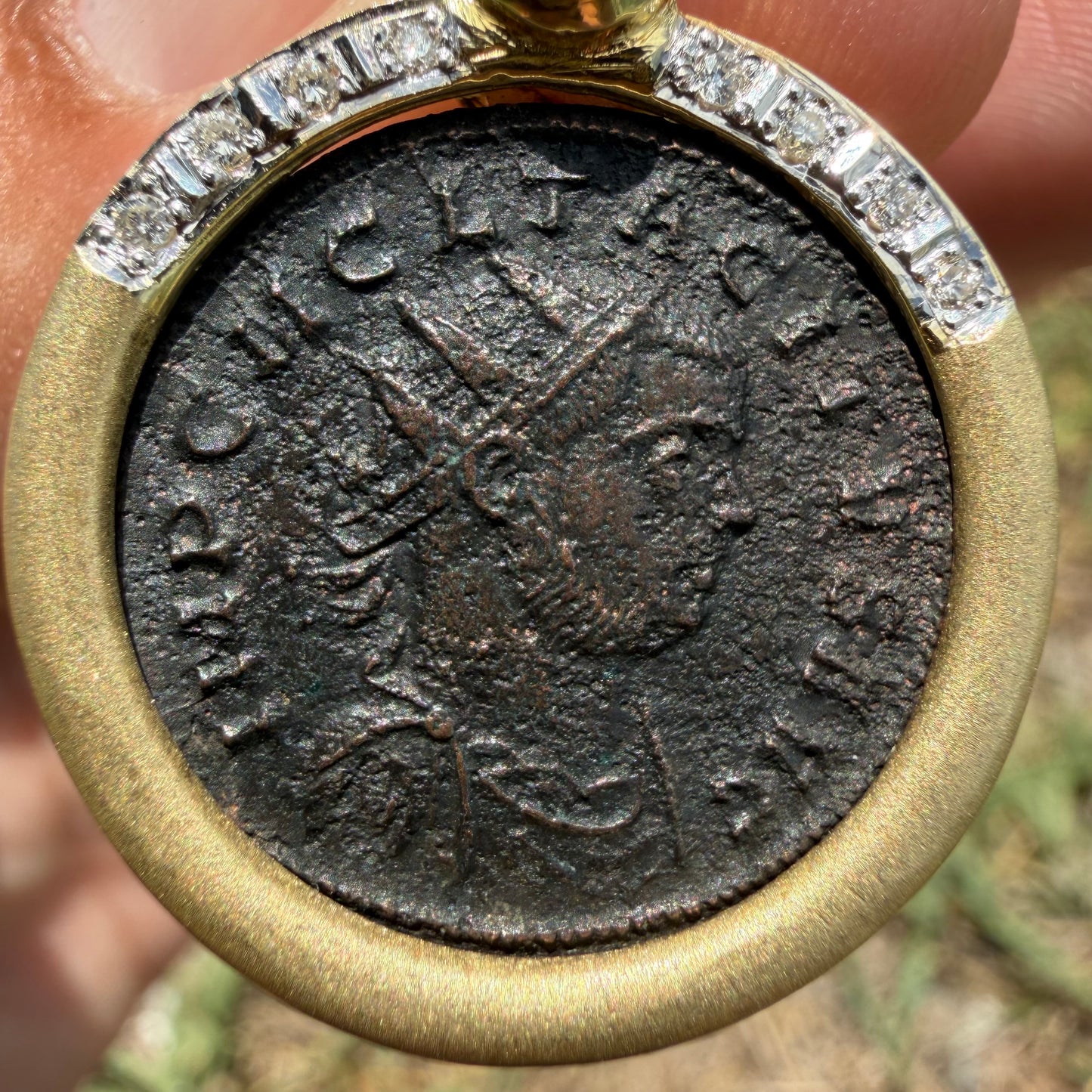 Vintage 14k Yellow Gold Natural Diamond and Ruby Ancient 275-276A.D Tacitus Roman Coin Pendant
