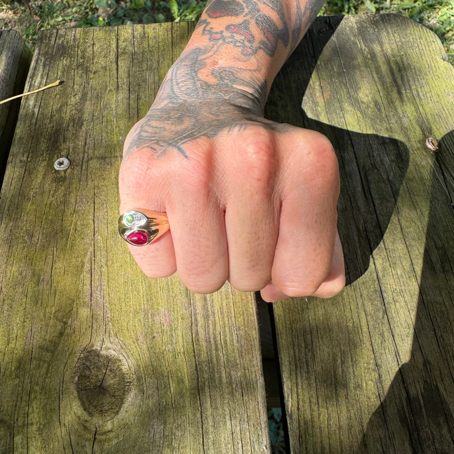 Vintage 14k Yellow Gold Tony Soprano Natural Diamond & Rhodolite Garnet Pinky Ring