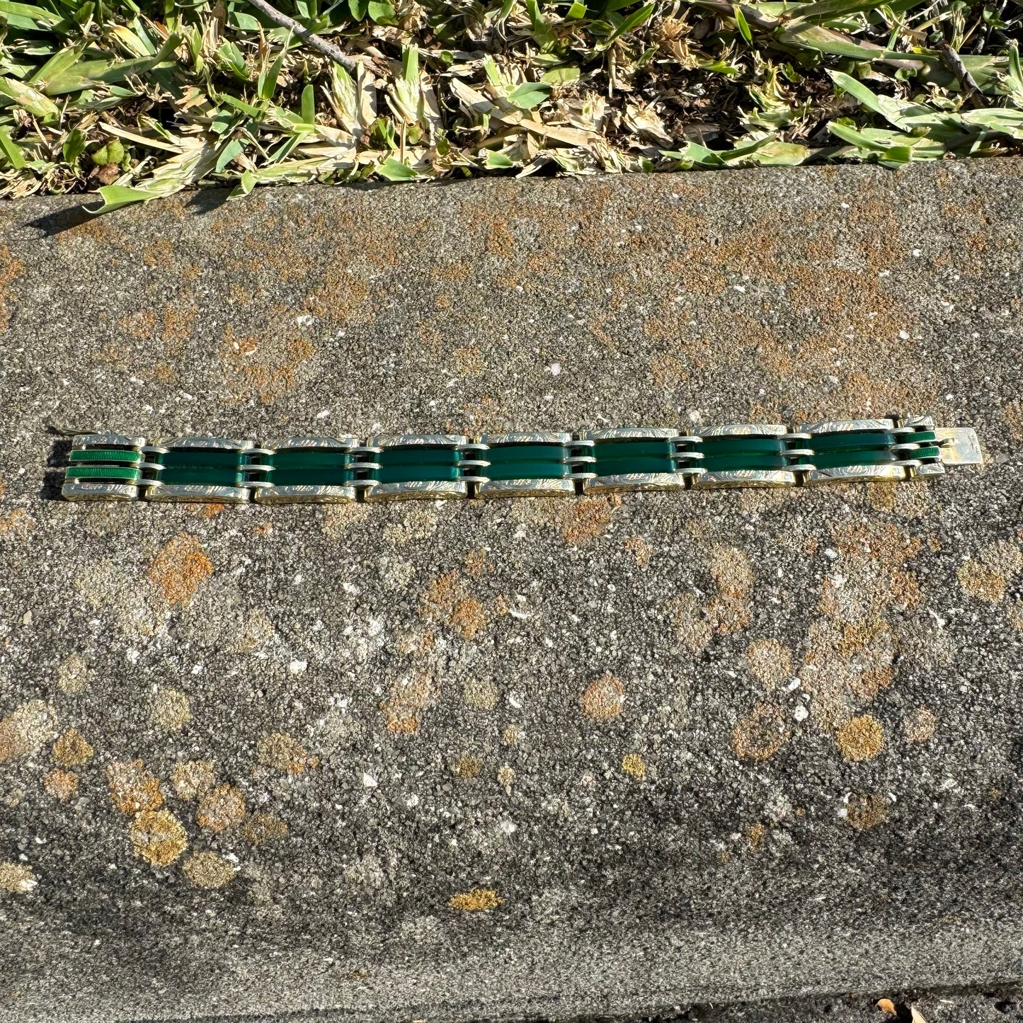 Art Deco Austro-Hungarian 14k Yellow Gold Chrysoprase Glass Enameled Floral Engraved Bracelet (7”)