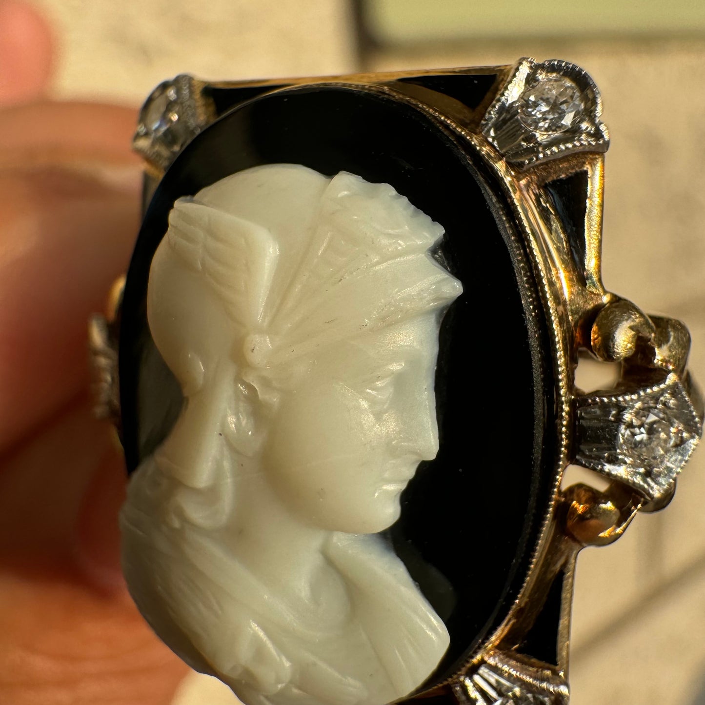 Art Deco 14k Yellow Gold And Platinum .25ctw Natural Diamond Athena (Goddess Of War) Cameo Ring (6.75)