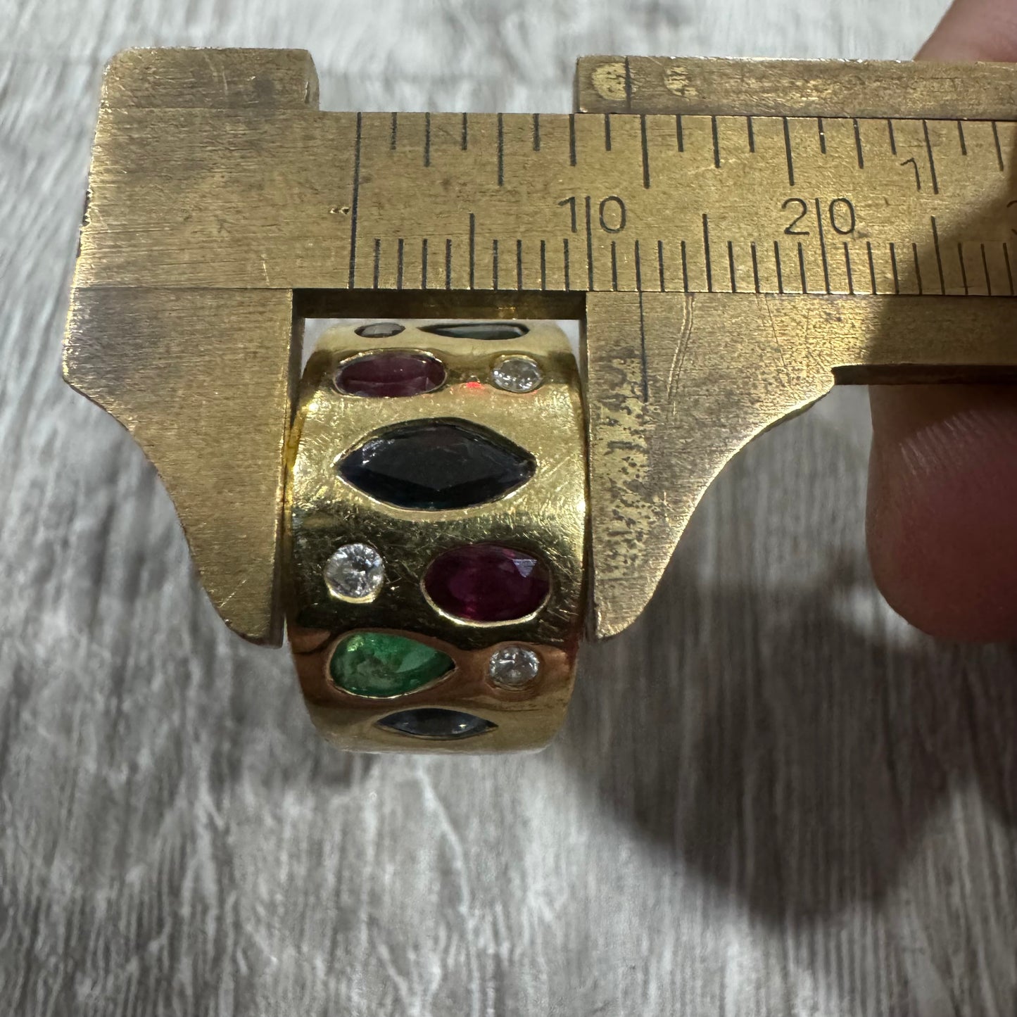 Custom Solid 18k Yellow Gold 2.35ctw Flush Set Natural Sapphire, Ruby, Emerald, And Diamond Tapered Cigar Band (7)