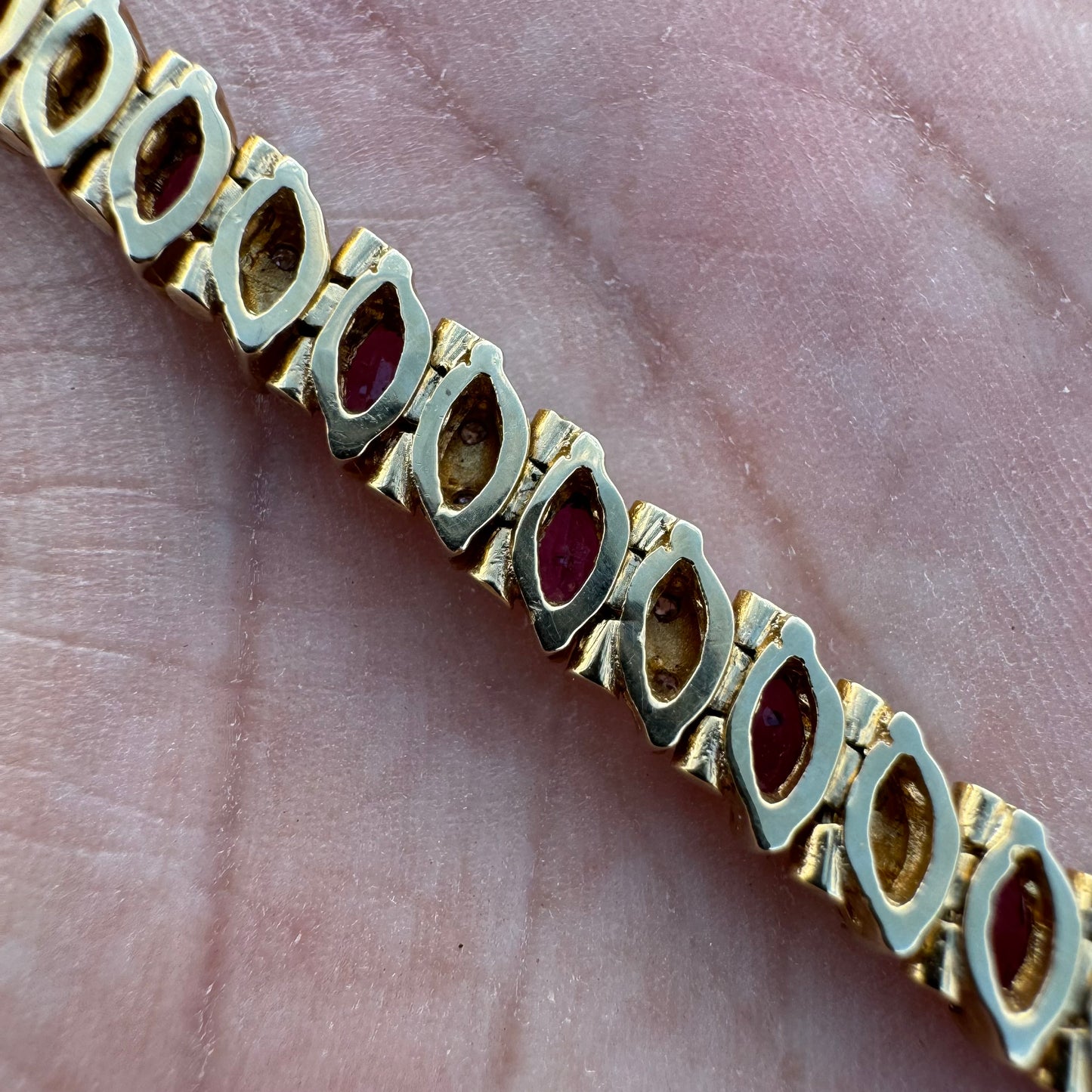 Vintage Solid 14k Yellow Gold 5.0Ctw Natural Ruby And .50ctw Diamond Tennis Bracelet (7.25”)