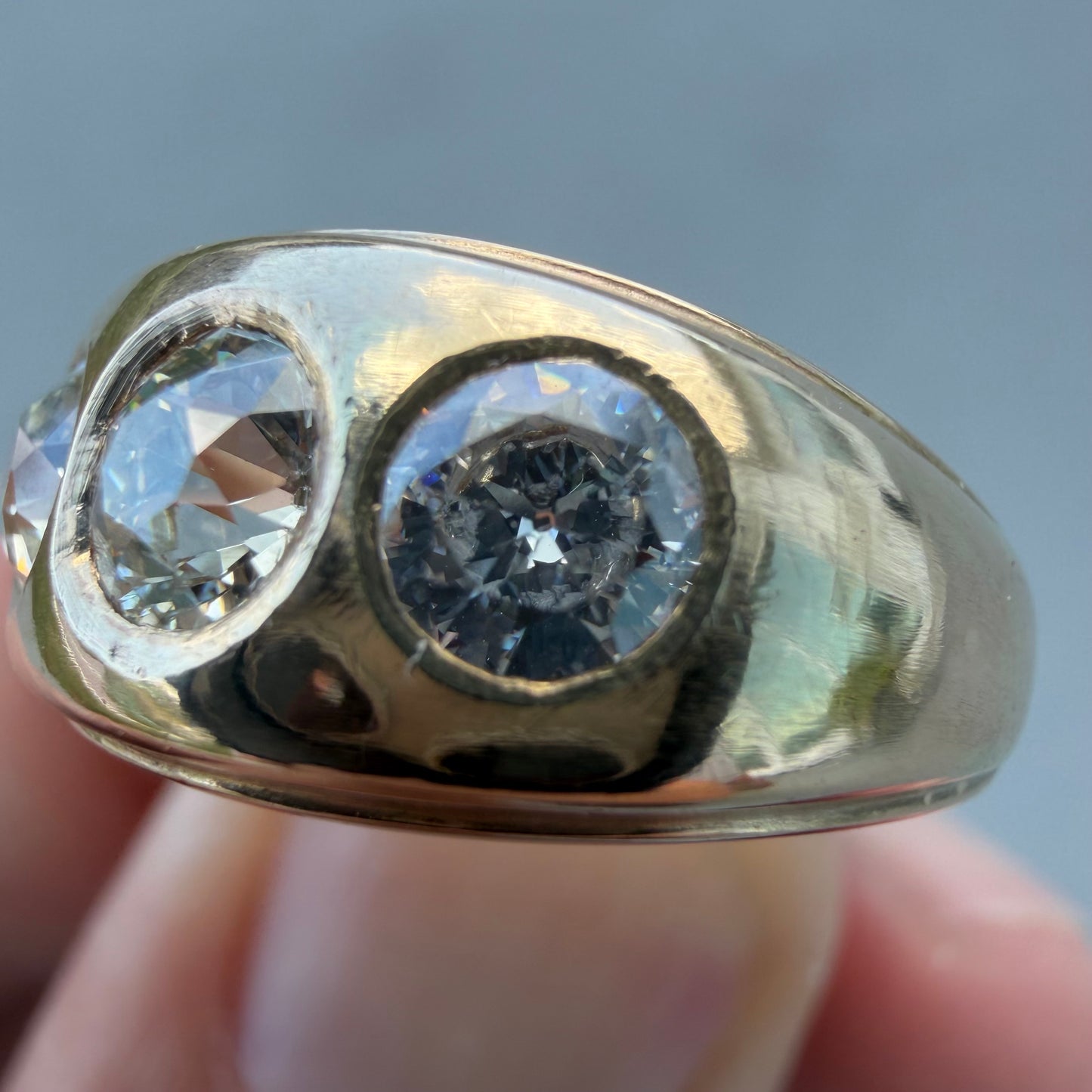 Art Deco Solid 14k Yellow Gold 1.20ctw Natural Old Cut Diamond Gypsy Trilogy Ring (6.5)