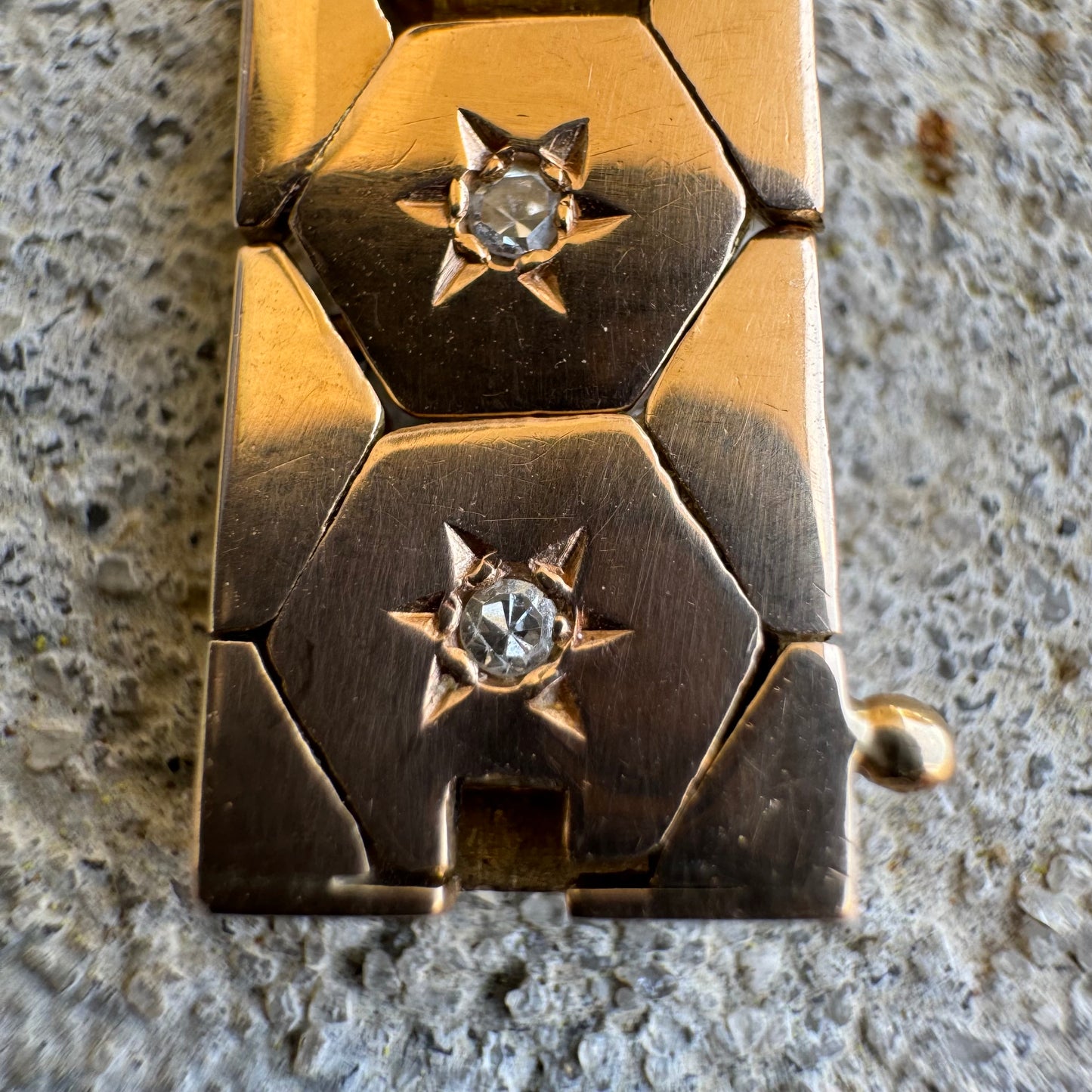 Retro 1940’s French 18k Rose Gold 1.0CTW Natural Diamond Starburst Tessellated Honeycomb Bracelet (7”)