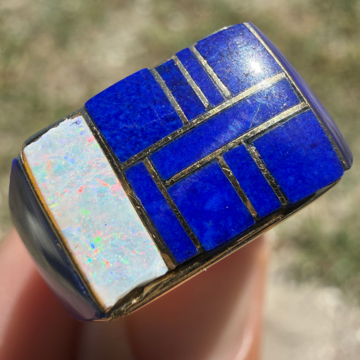 Vintage Solid 14k Yellow Gold Native Southwestern Artist Signed “Gay” Opal And Lapis Inlaid Signet Ring (10.5)