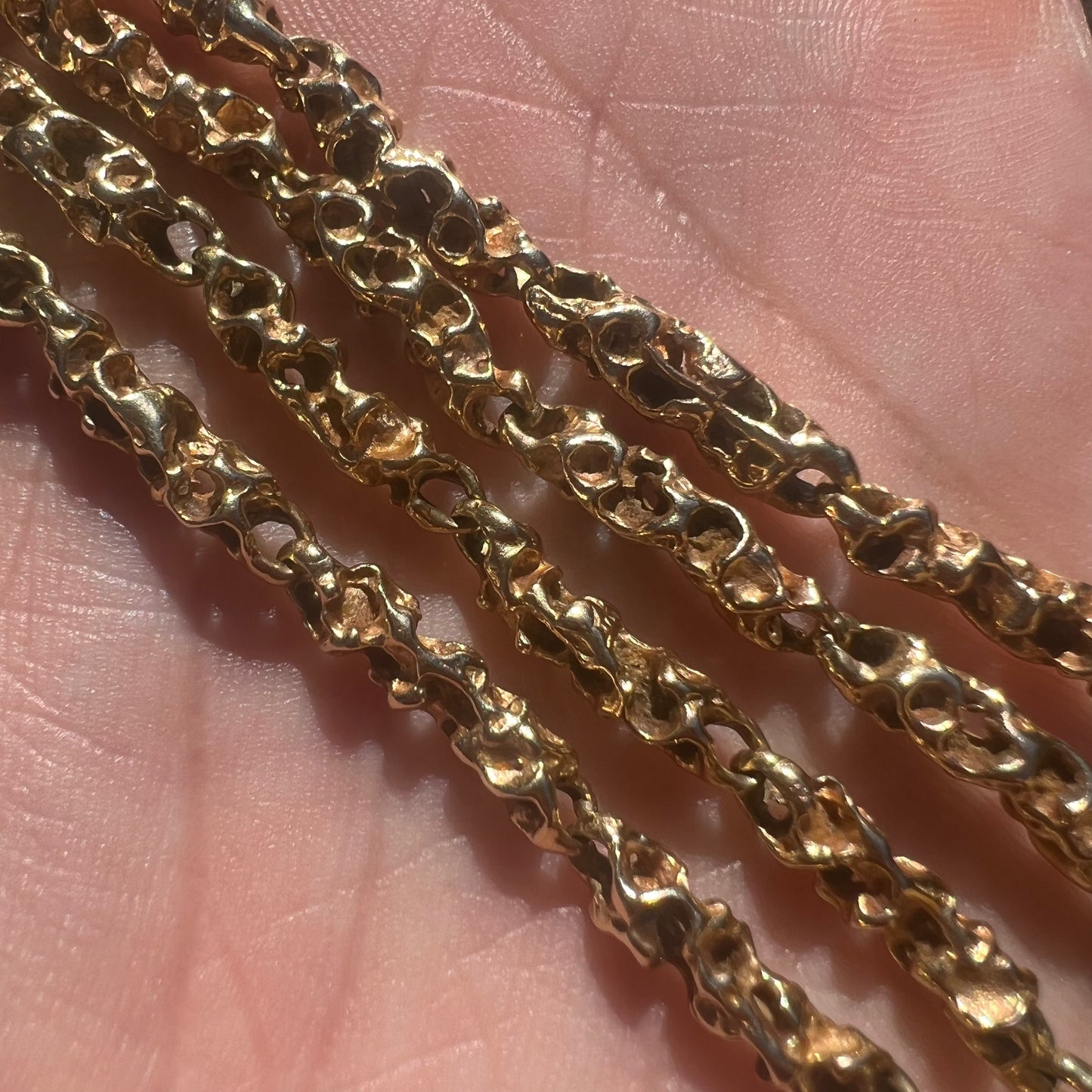 Mid-Century Solid 14k Yellow “Pirate” Gold Freeform Nugget Link Necklace (21”)