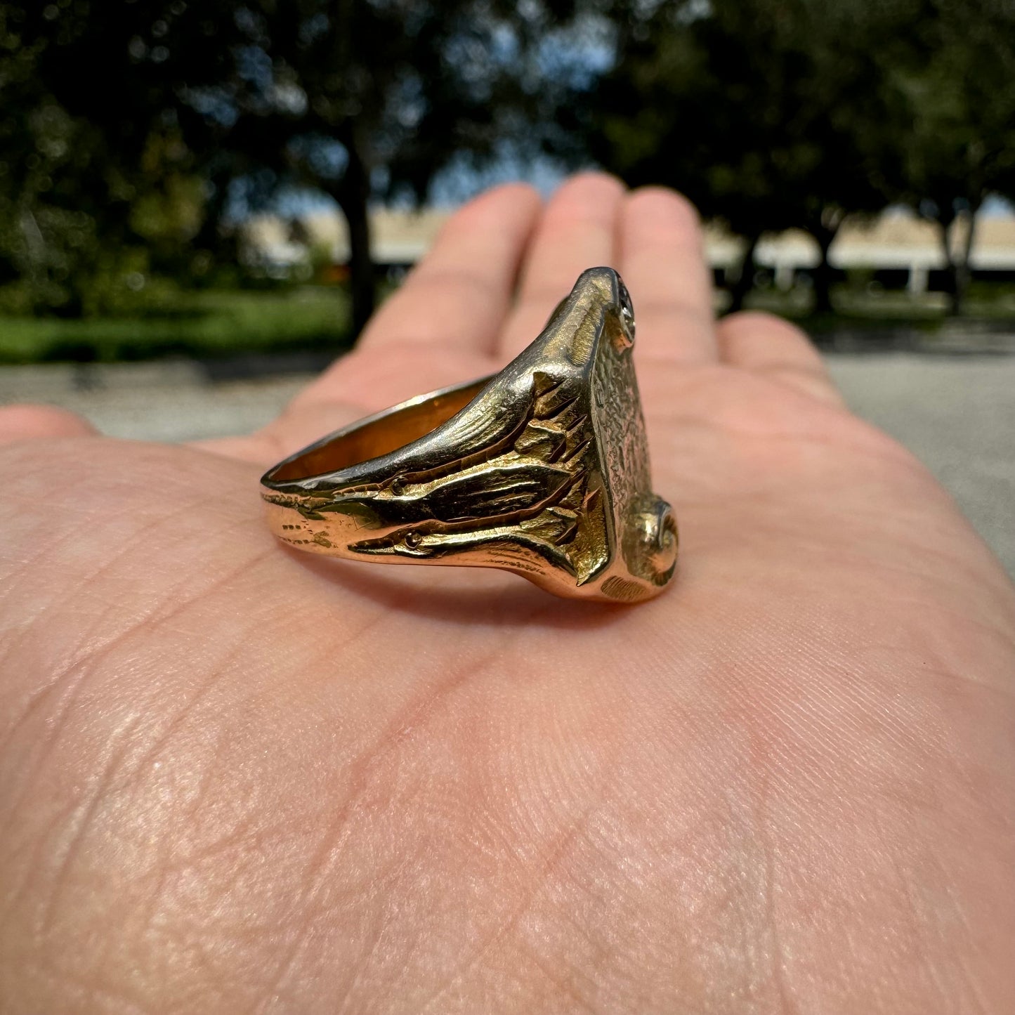Art Nouveau Solid 14k Yellow Gold Mermaid Scroll Signet Ring (11)