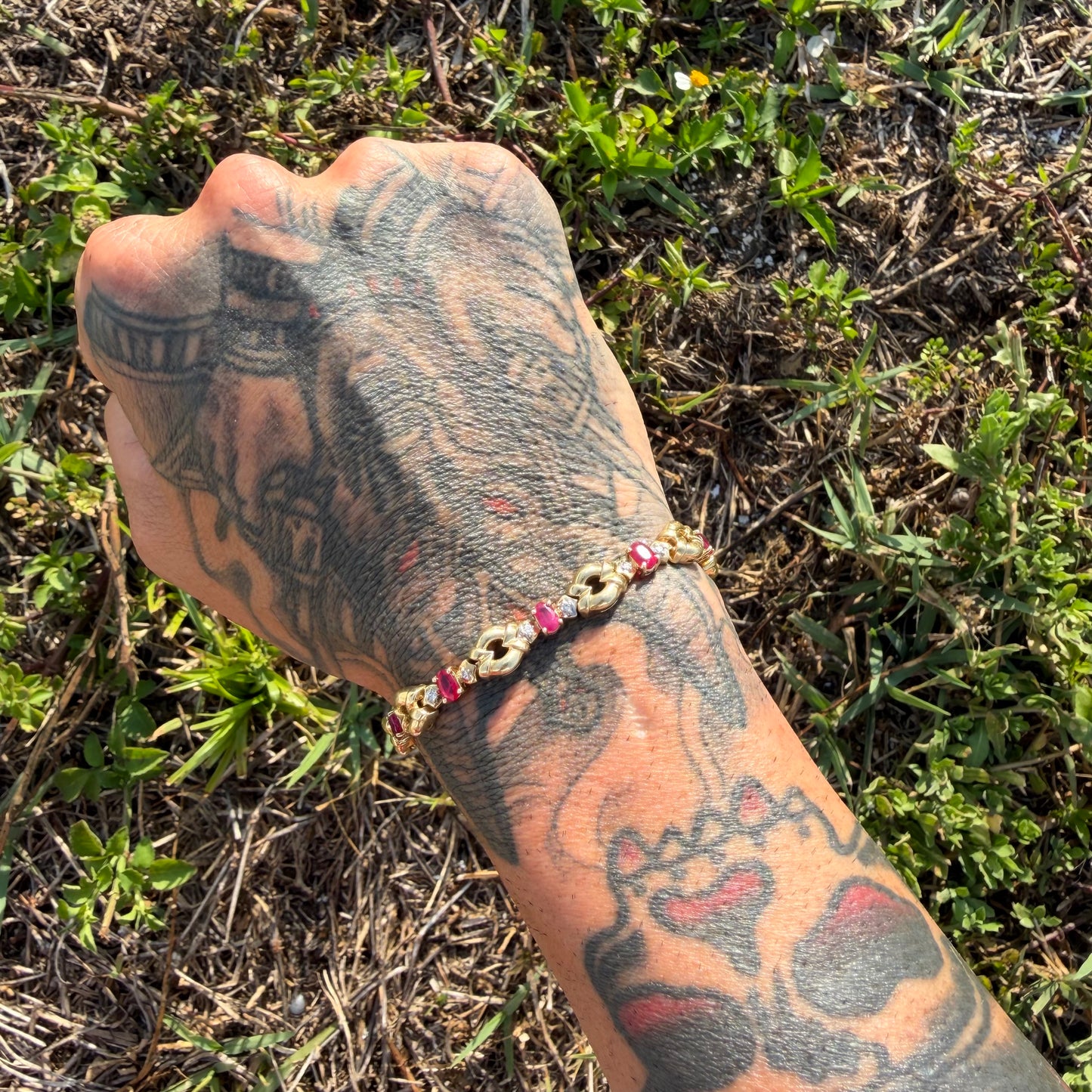 Vintage Solid 14k Yellow Gold Heavyweight 2.75ctw Natural Ruby And Diamond Bracelet (7.25”)