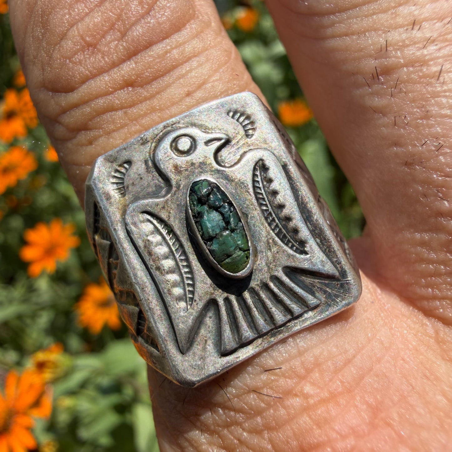 1930’s/40’s Sterling Silver Turquoise Thunderbird Signet Ring (8.75)