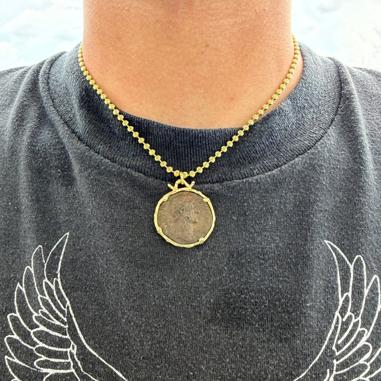 Vintage Solid 14k Yellow Gold Ancient 156-158A.D Antoninus Pius Roman Coin Brutalist Pendant