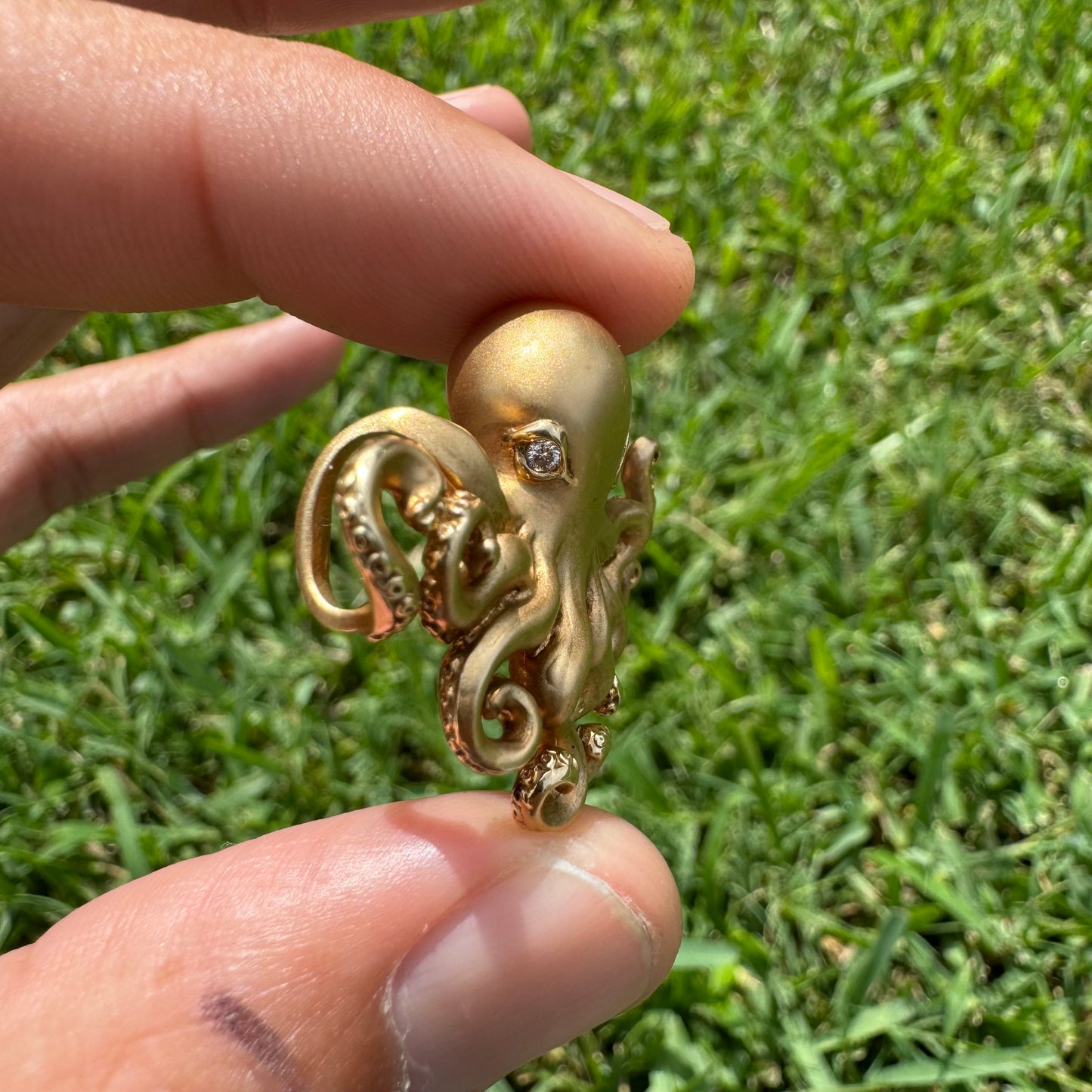 Designer Made Solid 14k Matte Yellow Gold Heavy Lifelike Octopus Pendant