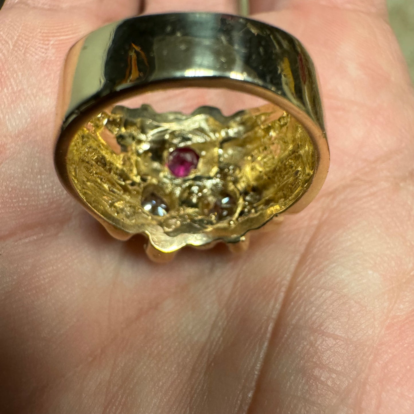 Vintage 14k Yellow Gold 1.25Ctw Natural Diamond 1.0Ct Ruby Nugget Ring (9.5)