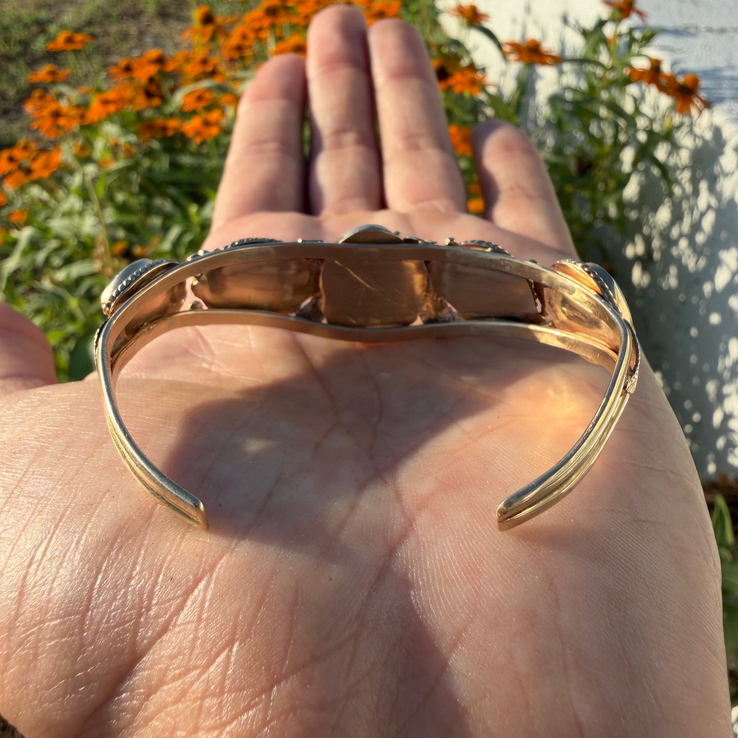 Vintage Solid 14k Yellow Gold Navajo Artist Signed Justin Morris Kingman Turquoise Cuff (6”-7”)