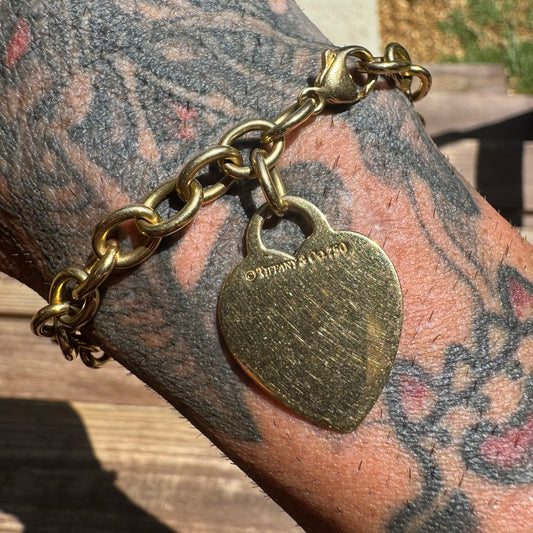 Tiffany & Co. Solid 18k Yellow Gold Cable Link Heart Tag Bracelet (7.75”)