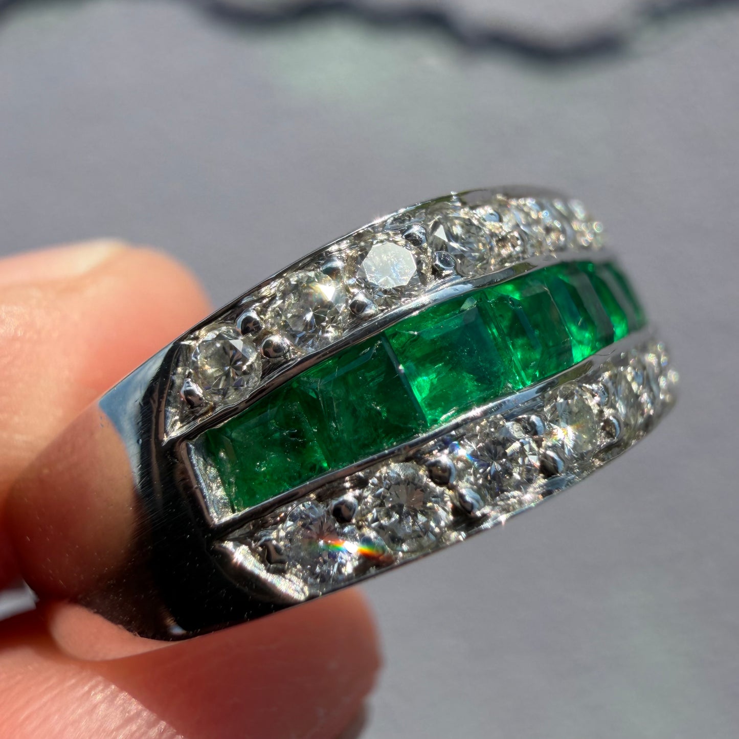 1980’s New Old Stock Solid Platinum 2.5ctw Natural Colombian Emerald and VS Diamond Ring (7.75)