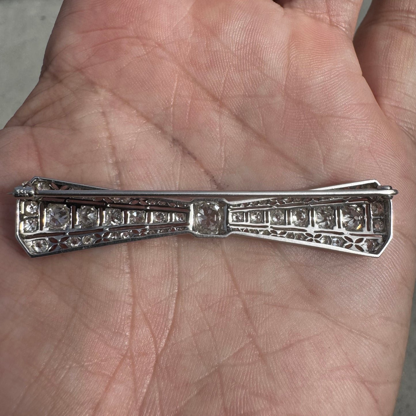 Victorian Solid Platinum 4.25ctw Natural Old Mine Cut Diamond Brooch