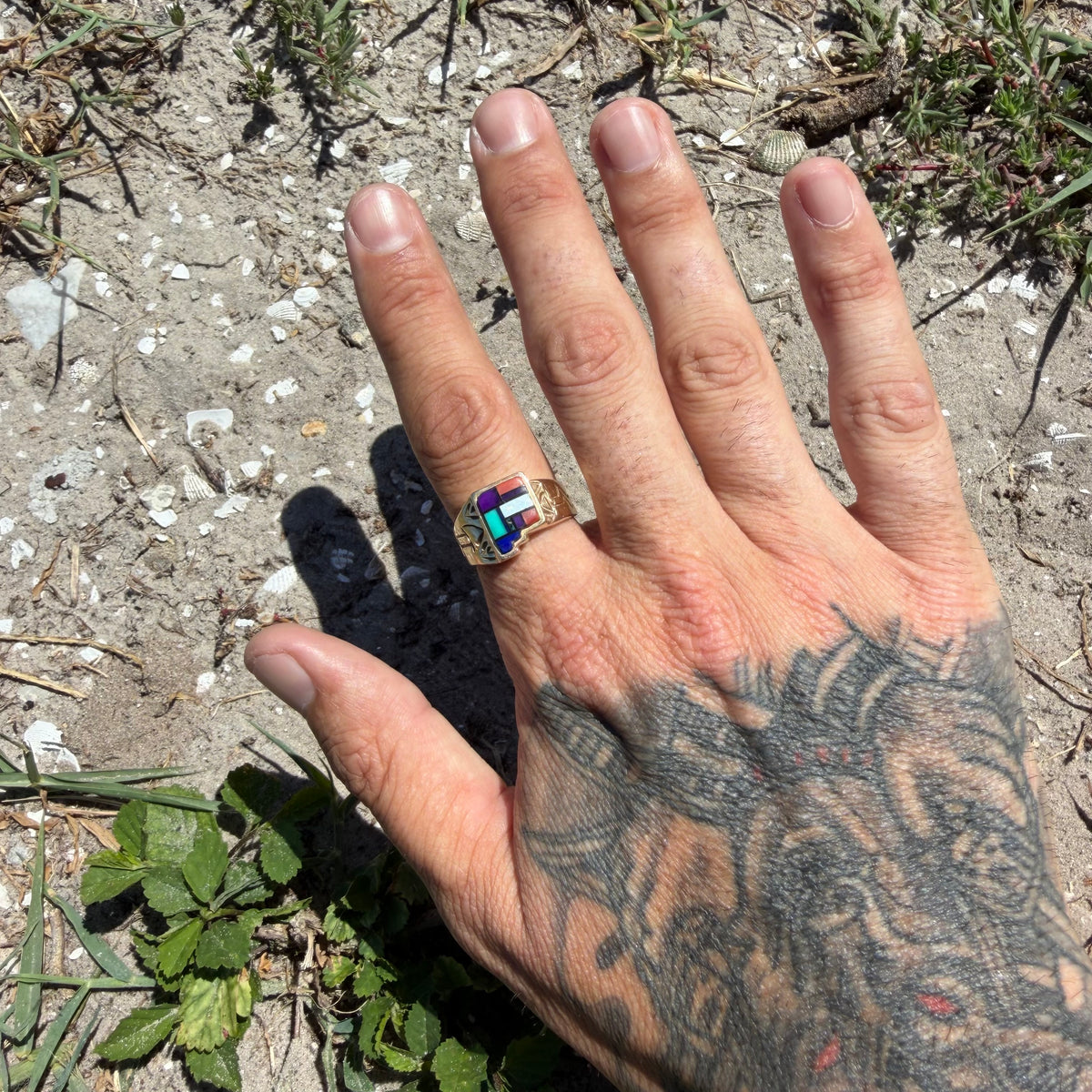 Vintage Native Southwestern Solid 14k Yellow Gold Multi-Stone Inlaid New Mexico State Ring (10)
