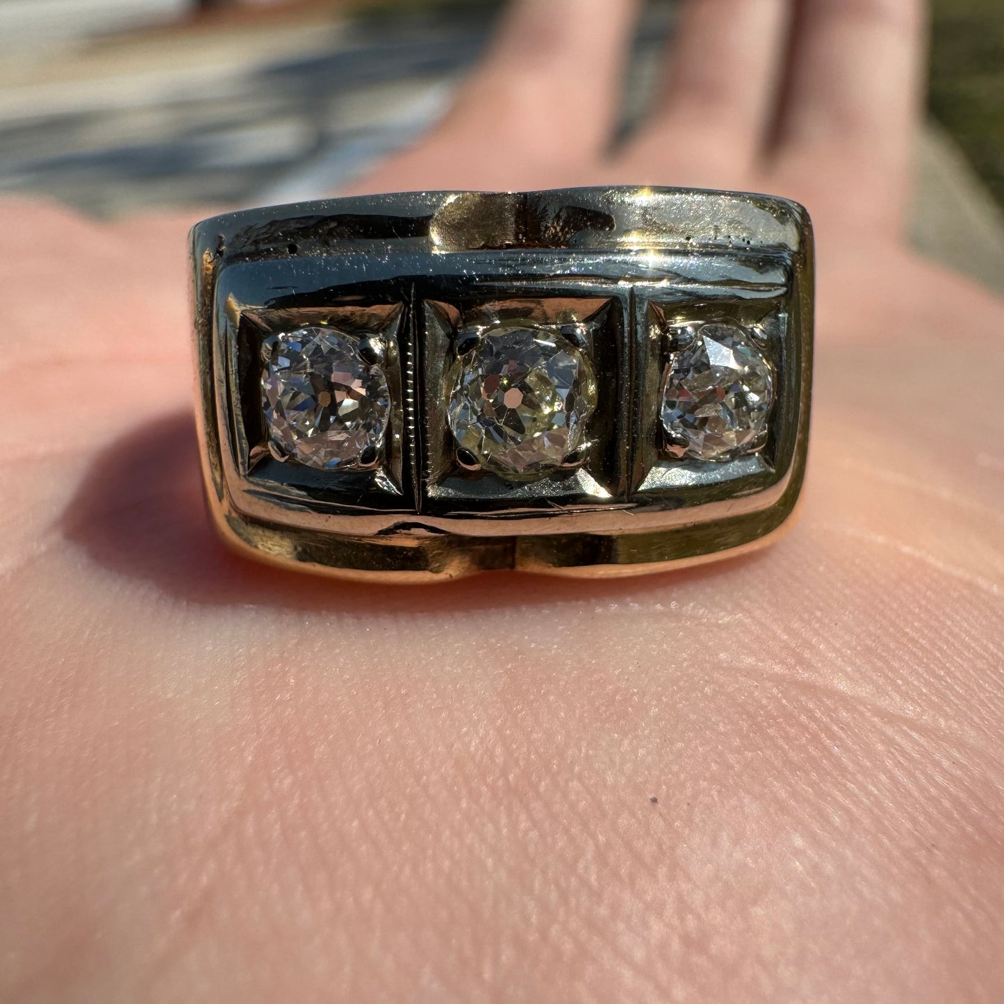 1930’s Art Deco 14k .50CTW Natural VS Quality Euro Cut Diamond Trio Gents Ring (10)