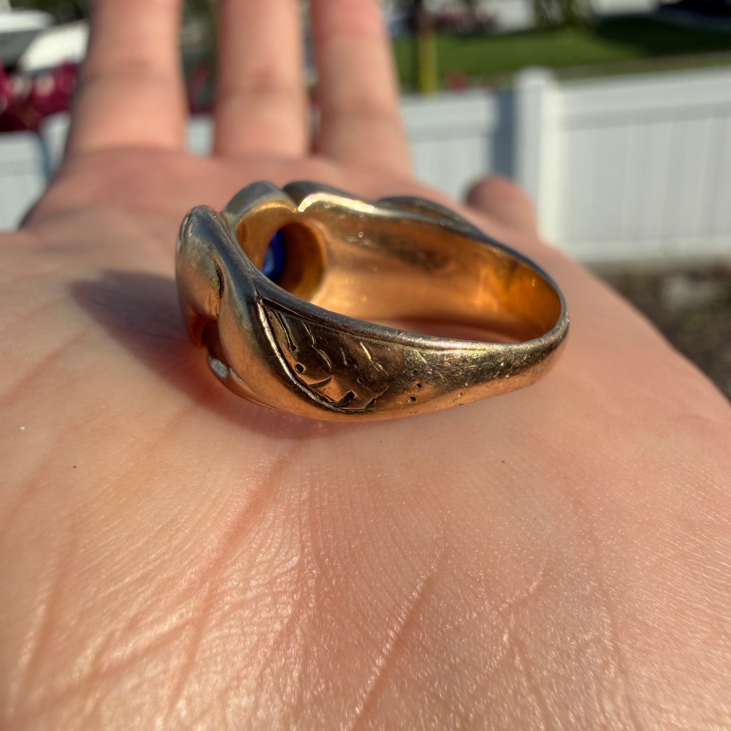 Art Nouveau Solid 14k Yellow Gold Sugar Loaf Sapphire Double Lion Ring (8.5)