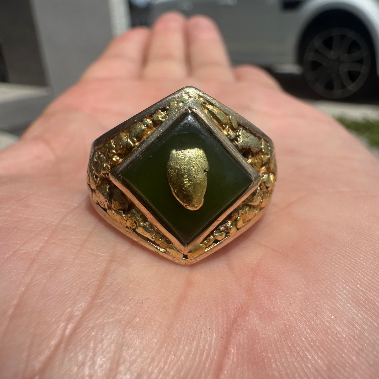 1930’s Art Deco Solid 10k Yellow Gold Nephrite Jade Natural Raw Gold Nugget Inlaid Signet Ring (11)