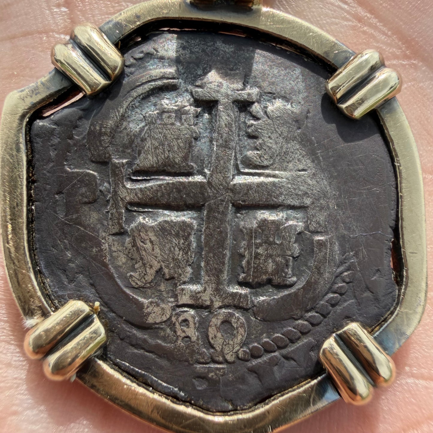 1680 Potosi V Bolivia Silver 2 Reale Coin Vintage Custom 14k Yellow Gold Pendant