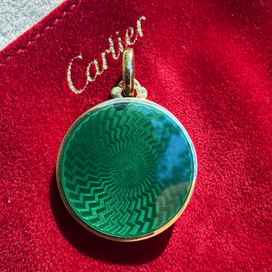 1950’s Cartier Solid 18K Yellow Gold Guilloche Enamel Locket Pendant