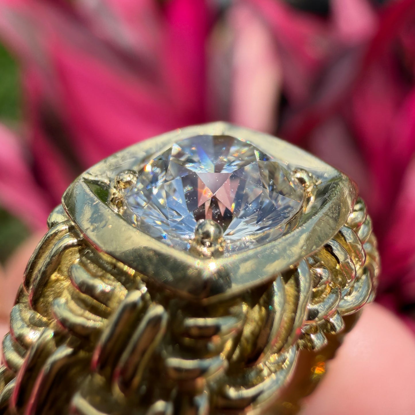 Vintage 2.0ct Natural VS1/I Old Euro Cut Diamond Solid 18k Yellow Gold Basket Weave Solitaire Ring(8)